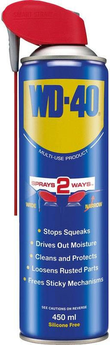 WD-40® Smart Straw® multispray 450ml met rode sproeikop, ideaal voor smering, reiniging en roestbescherming. Siliconenvrij smeermiddel voor gereedschap en installaties.