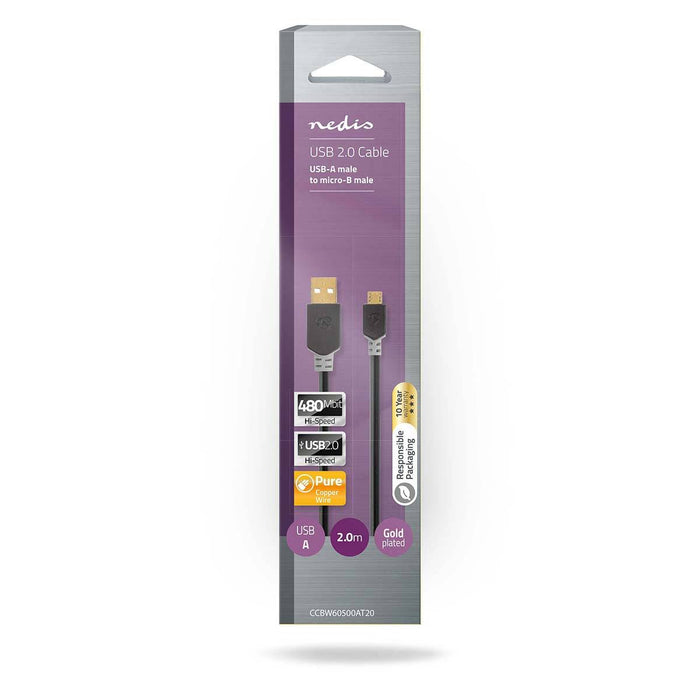 USB-Kabel USB 2.0 | USB-A Male | USB Micro-B Male | 480 Mbps | Verguld | 2.00 m | Rond | PVC | Antraciet | Doos
