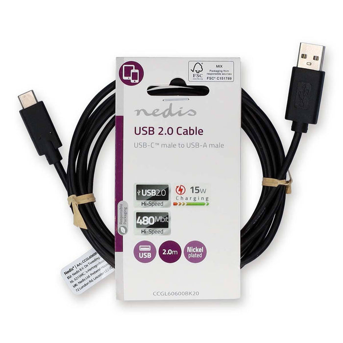 USB 2.0 | USB-A Male | USB-C™ Male | 15 W | 480 Mbps | Vernikkeld | 2.00 m | Rond | PVC | Zwart | Label