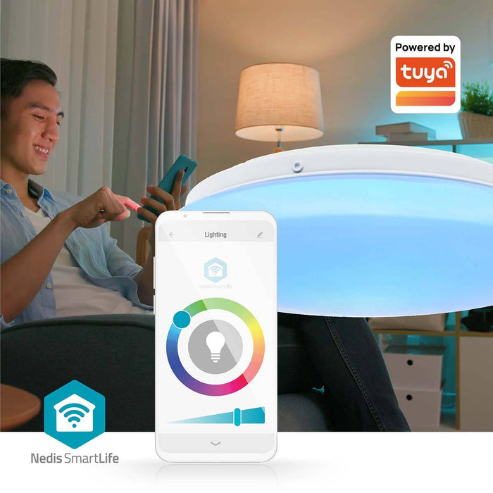 SmartLife plafondlamp met Wi-Fi, RGB-kleuren en app-bediening, weergegeven met smartphone-interface.