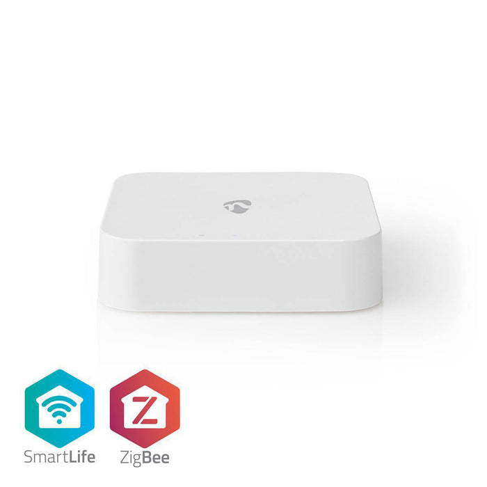 SmartLife Gateway Zigbee 3.0 met SmartLife en Zigbee logo's, compatibel met draadloze apparaten en scènes.