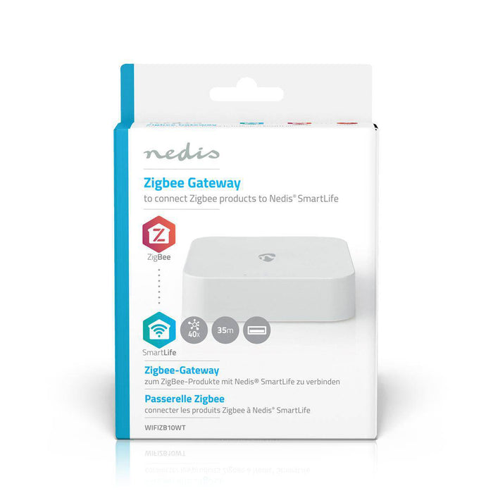 Verpakking van de SmartLife Gateway Zigbee 3.0 met productinformatie en specificaties, geschikt voor 40 apparaten.